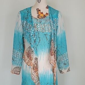 Connie's Moonlight sleeveless dress in browns & blues. With shrug jacket small